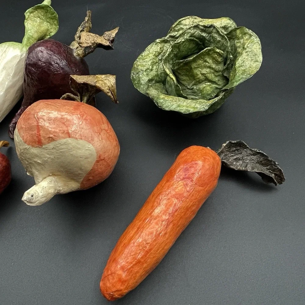 Vintage Paper Mache Vegetable Lot 7 Pc Eggplant Carrot Daikon Beet Cabbage Onion